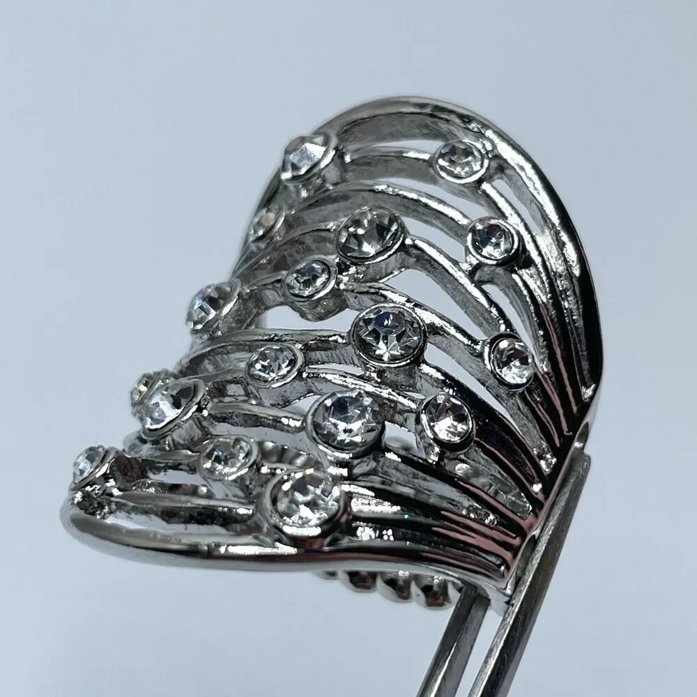 Stunning Silver Tone White Rhinestone Wide Stretch Band Ring Statement Fashion